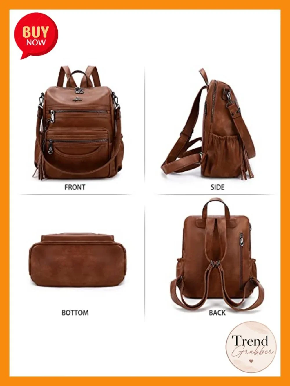 Vegan Leather Zipper Casual Backpack & Shoulder Bag with Waterproof Pocket